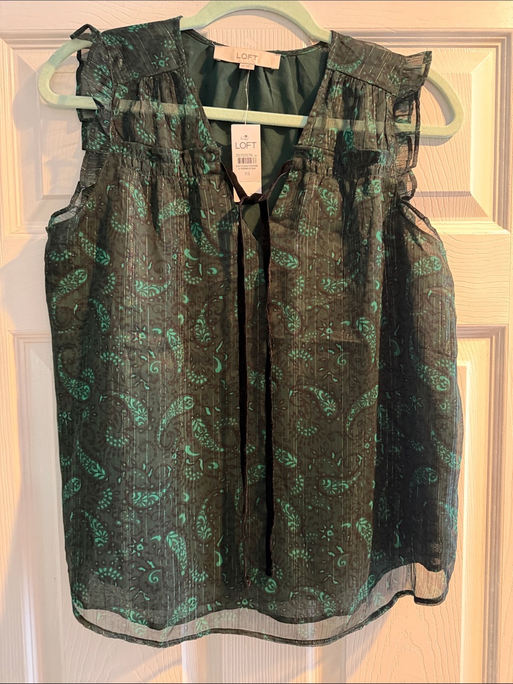 LOFT Black and Teal Paisley Sleeveless Tie-Neck Blouse